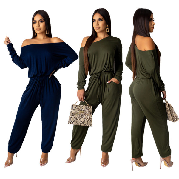 EVE Solid Slash Neck Casual Loose Long Sleeve Jumpsuits YM-9155