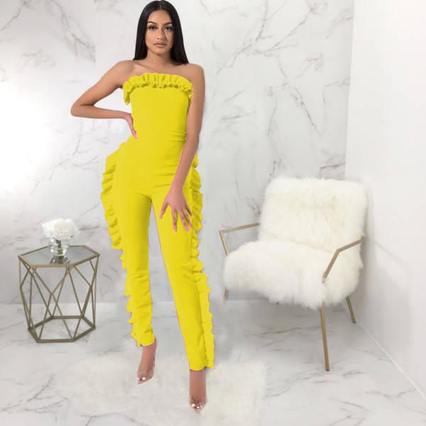 EVE Solid Ruffles Strapless Off Shoulder Jumpsuits YM-9123
