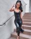 EVE Black PU Leather Spaghetti Strap V Neck Skinny Jumpsuit BGN-008