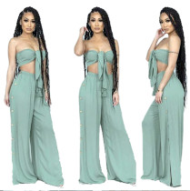 EVE Solid Strapless Buttons Decoration Wide Leg Pants Set YIM-8007