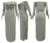 EVE Blue Letter Print Slash Neck Split Maxi Dress AL-039