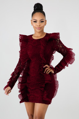 Long Sleeve Ruffles Bodycon Lace Dress LX-3081
