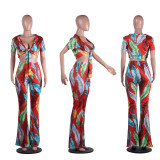 Sexy Printed Tie Up Short Sleeve Two Piece Pants Suit YLY-2315
