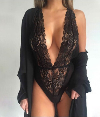 EVE Black Lace Plunging Neck Perspective Lingerie （Without Coat) YQ-228