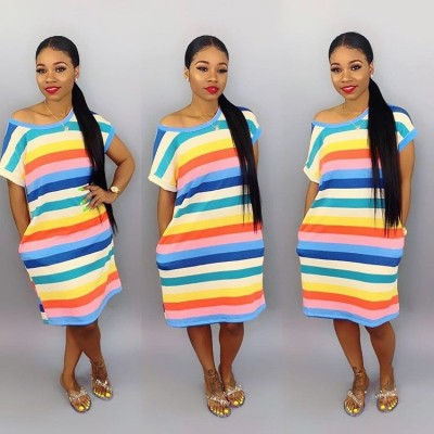 EVE Casual Colorful Stripes Short Sleeve Loose Midi Dress BS-1063