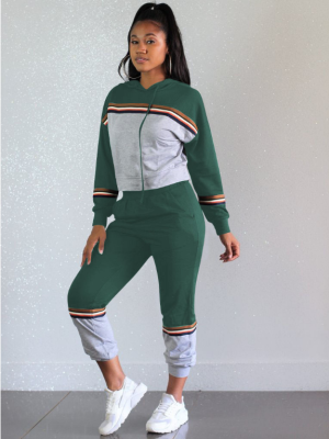 EVE Green Patchwork Hooded Tracksuit 2 Piece Set OY-5277