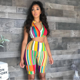 Colorful Striped Crop Top & Shorts Sets YN-9001