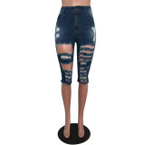 EVE Casual Denim Holes Jeans Half Length Pants MEM-8208