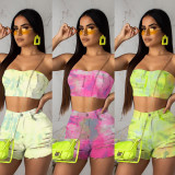 EVE Tie Dye Print Strapless Tops & Hole ShortsTwo Piece Sets OY-5348