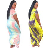 Tie Dye Print Split Side Short Sleeve O Neck Maxi Dresses TE-3810