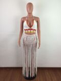 Sexy Crochet Halter Crop Top Tassel Long Skirt Set LA-3112