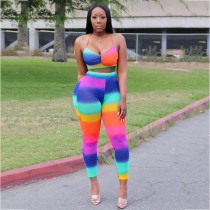 Rainbow Print Sexy Crop Top And Long Pants Suit AWN-5035