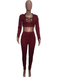 Wine Red Lace-up Crop Top Pants LOU-6027