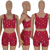 EVE Heart Print Tank Tops And Shorts Two Piece Sets HM-6140