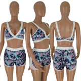 EVE Floral Print Crop Tops Shorts Sports Two Piece Sets HM-6122