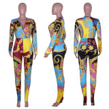 EVE Retro Print Deep V Neck Long Sleeve One Piece Jumpsuits NIK-027