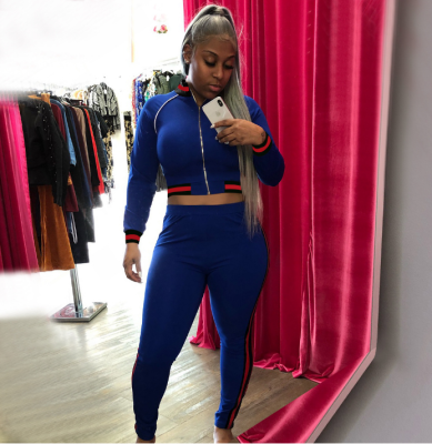 EVE Blue Casual Striped Tracksuit Two Piece Set OY-5270