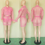 EVE Solid Organza Perspective Button Up Two Piece Mini Skirt Set BN-9184