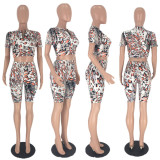 EVE Sexy Leopard Print Zipper Short Sleeve 2 Piece Shorts Set AWN-5014