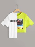 EVE Contrast Color Patchwork Printed Irregular T Shirt LSL-6294