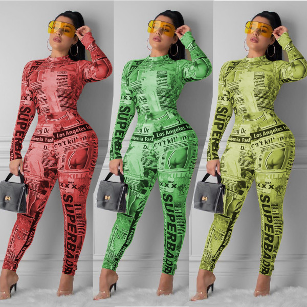 EVE Letter Newspaper Print Long Sleeve Bodycon Jumpsuits MEI-9049