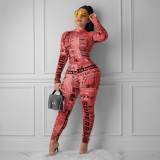 EVE Letter Newspaper Print Long Sleeve Bodycon Jumpsuits MEI-9049