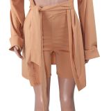 EVE Solid Long Cardigan And Coat Shorts 2 Pieces Set MOF-5112