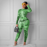 EVE Letter Newspaper Print Long Sleeve Bodycon Jumpsuits MEI-9049