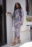 Zebra Stripes Long Sleeve O Neck Midi Dresses QZX-6087