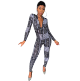 EVE Trendy Printed Long Sleeve Front Zipper Bodycon Jumpsuits NIK-046
