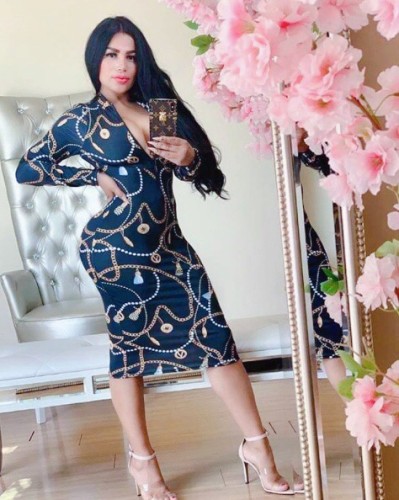 EVE Sexy Chain Print Long Sleeve Slim Midi Dresses QZX-6090