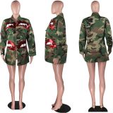 EVE Plus Size Seuqins Lips Print Camo Single-breasted Coat MOF-5109