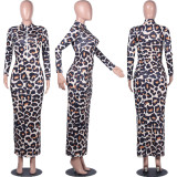 Leopard Print Long Sleeve Zipper Long Maxi Dresses YLY-2350
