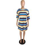 EVE Rainbow Striped Half Sleeve Casual Loose Mini Dress YMT-6108