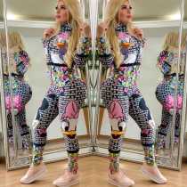 EVE Letter Cartoon Printed Front Zipper Skinny Jumpsuits HM-6162