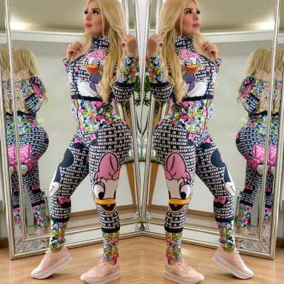 EVE Letter Cartoon Printed Front Zipper Skinny Jumpsuits HM-6162