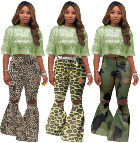 EVE Plus Size Camouflage Ripped Holes Flares Bodycon Pants MOF-5111