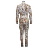 EVE Leopard Print Zipper Long Sleeve 2 Piece Pant Sets SMR-9447