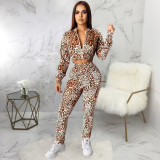 EVE Leopard Print Zipper Long Sleeve 2 Piece Pant Sets SMR-9447