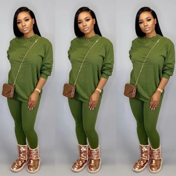 EVE Solid Long Sleeve Casual Two Piece Pants Set CH-8080