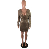 EVE Sexy Sequin Low Cut Long Sleeves Mini Dress LX-8921