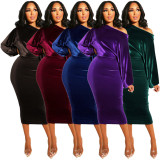 EVE Sexy Velvet Slash Neck Long Sleeve Midi Dresses ASL-6091