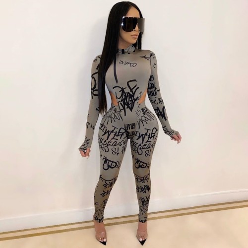 EVE Sexy Letter Print Bodysuit And Pants 2 Piece Sets AWN-5065