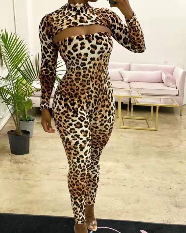 EVE | Wholesale Leopard Print Hollow Out Long Sleeve Skinny Jumpsuits ...
