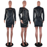 Sexy PU Leather Hollow Long Sleeve Mini Dresses OYF-8181