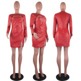 Sexy PU Leather Hollow Long Sleeve Mini Dresses OYF-8181