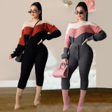 Contrast Color Knitted Sweater Two Piece Pant Sets PN-6295
