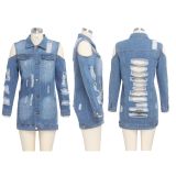 EVE Trendy Ripped Holes Cold Shoulder Denim Coats SMR-9507