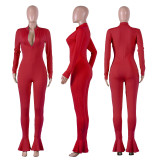 EVE Solid Long Sleeve Zip Up Ruffles Bodycon Jumpsuits NIK-081