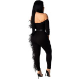EVE Sexy Slash Neck Feather Splice Jumpsuits Without Belt FNN-8349
